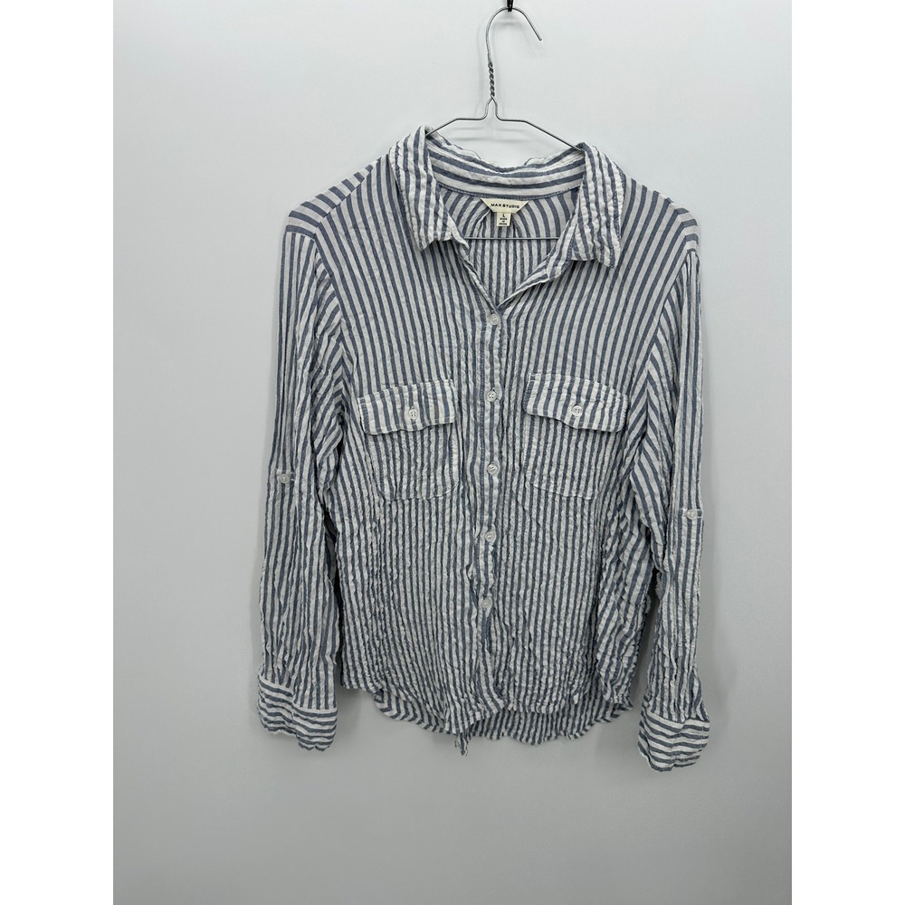 Max Studio Womens Blue White Striped Roll Tab Seersucker Button Down Shirt L